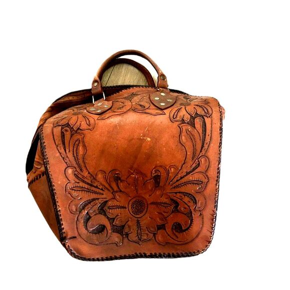 Vintage Etched Brown Tan Leather Embossed Handbag Bowling Bag Tote Bag Western - Picture 2 of 6